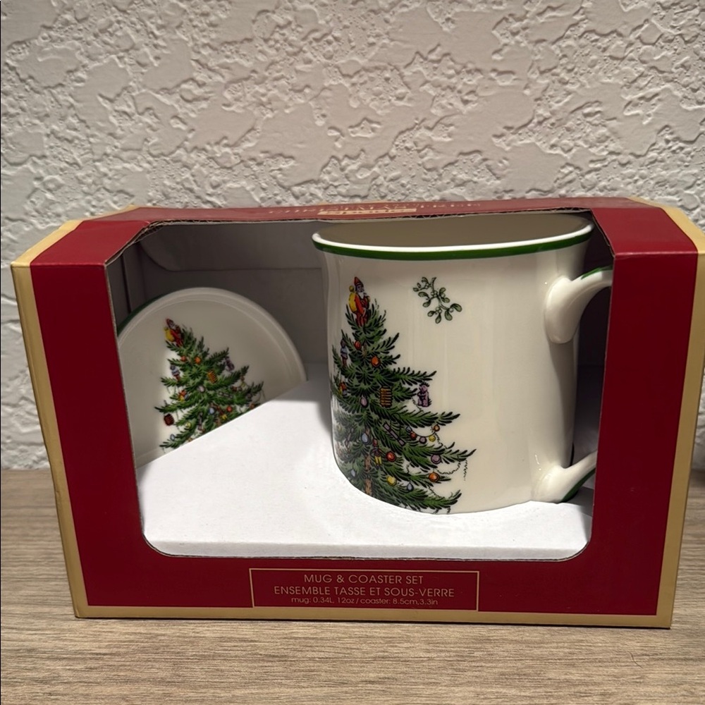 Donated: Spode Christmas Tree Mug and Coaster Set - Green and Red